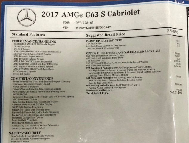 2017 Mercedes-Benz AMG® C 63 AMG® C 63 S Cabriolet W/P2, AMG® & Night Packages
